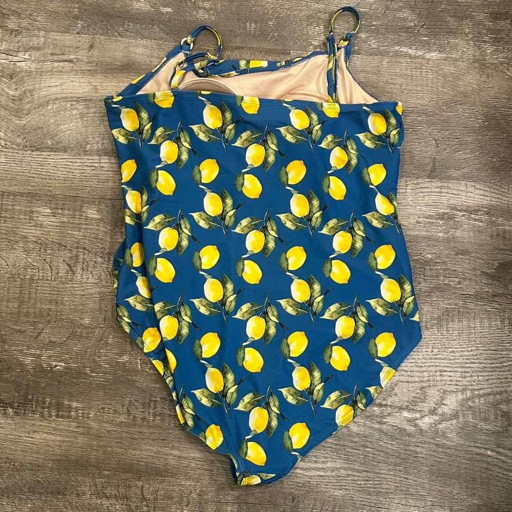 Carole Hochman Blue Lemon Print One Piece Swimsuit Ruched XXL‎ 14 Womens